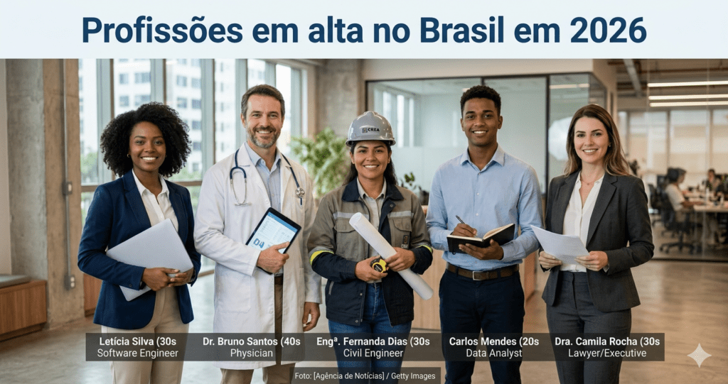 Profissionais de diferentes áreas representando as profissões em alta no Brasil em 2026
