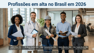 Profissionais de diferentes áreas representando as profissões em alta no Brasil em 2026