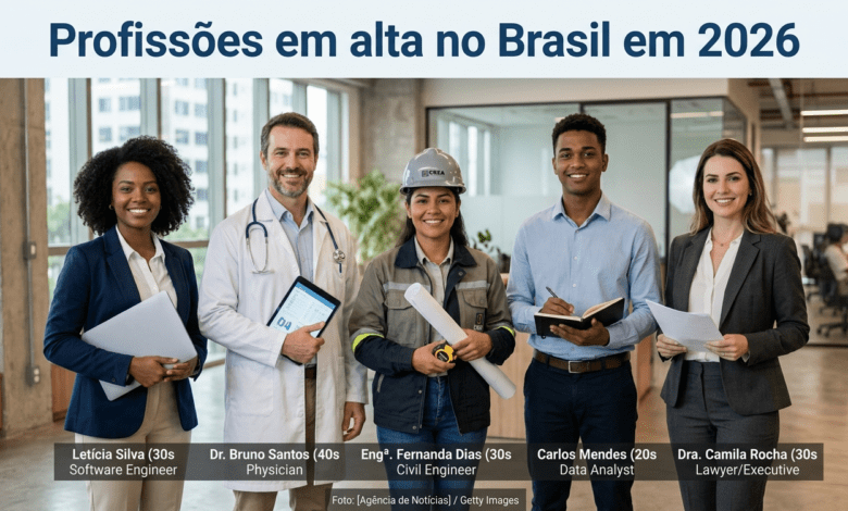 Profissionais de diferentes áreas representando as profissões em alta no Brasil em 2026