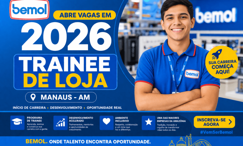 "Fachada de loja da Bemol em Manaus com vagas abertas para trainee 2026"