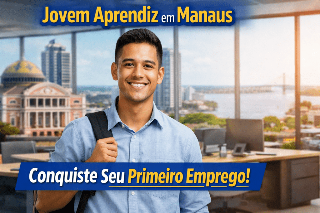 Jovem aprendiz em Manaus sorrindo em ambiente corporativo iniciando primeiro emprego em 2026