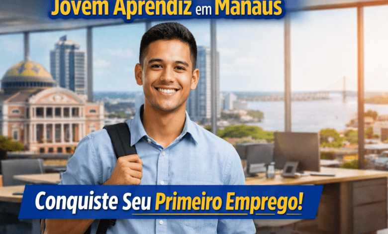 Jovem aprendiz em Manaus sorrindo em ambiente corporativo iniciando primeiro emprego em 2026